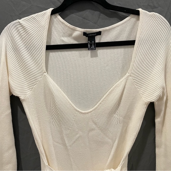 Forever 21 Tie-Waist Sweater Dress Ribbed Slit BodyCon Long Sleeved Cream M - Picture 6 of 10